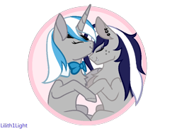 Size: 824x632 | Tagged: safe, artist:jelisicli, imported from derpibooru, oc, oc:sekr gray, oc:starlit nightcast, unicorn, bowtie, commission, couple, ear piercing, earring, eyepatch, forehead kiss, freckles, jewelry, kissing, piercing, sekrast, shipping, signature, simple background, snaggletooth, transparent background, ych result