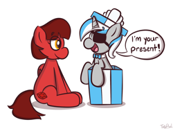 Size: 1158x860 | Tagged: safe, artist:techreel, imported from derpibooru, oc, oc:sekr gray, pegasus, pony, unicorn, bowtie, box, commission, eyepatch, gift box, pony in a box, present, sekramon, signature, speech bubble, ych result, yellow eyes