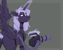 Size: 2703x2153 | Tagged: safe, artist:civetcider, imported from derpibooru, oc, oc:lacunae, fallout equestria, fallout equestria: project horizons, artificial alicorn, fanfic art, gun, machine gun, weapon