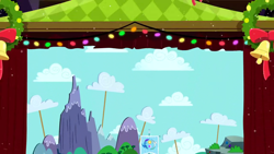 Size: 1280x720 | Tagged: safe, imported from derpibooru, screencap, hearth's warming eve (episode), background, canterlot, equestrian flag, liminal space, no pony, scenic ponyville, stage