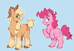 Size: 2939x2033 | Tagged: safe, artist:civetcider, imported from derpibooru, applejack, pinkie pie, earth pony, blue background, cheek fluff, chest fluff, coat markings, colored hooves, cowboy hat, duo, ear fluff, female, hat, mare, no pupils, simple background, socks (coat markings), unshorn fetlocks