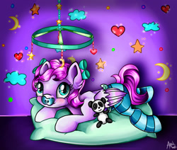 Size: 1280x1087 | Tagged: safe, artist:appleneedle, imported from derpibooru, oc, oc:lovely honesty, bear, panda, pegasus, pony, art, character, clothes, digital, draw, drawing, fanart, pacifier, paint, painting, patreon, photo, pillow, plushie, reward, socks, striped socks, wall