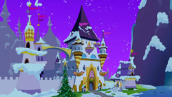 Size: 1280x720 | Tagged: safe, imported from derpibooru, screencap, hearth's warming eve (episode), background, canterlot, night, no pony, scenic ponyville, snow