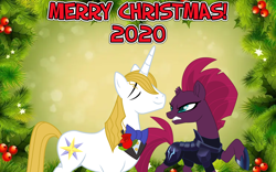 Size: 2064x1289 | Tagged: safe, anonymous artist, imported from derpibooru, prince blueblood, tempest shadow, unicorn, annoyed, armor, arrogant, belligerent sexual tension, berryblood, bowtie, christmas, crack shipping, death stare, female, happy hearth's warming, hearth's warming, holiday, lyrics in the description, male, merry christmas, santa claus is comin' to town, shipping, smug, straight, tempest shadow is not amused, this will end in electrocution, this will end in pain, this will not end well, tsundere, tsundere shadow, uh oh, unamused, youtube link in the description