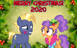 Size: 2064x1289 | Tagged: safe, anonymous artist, imported from derpibooru, plaid stripes, star tracker, earth pony, cheek kiss, christmas, female, flower, flower in hair, happy hearth's warming, hearth's warming, holiday, holly, kiss mark, kiss on the cheek, kissing, lipstick, looking at each other, lyrics in the description, male, merry christmas, shipping, shy, sleigh ride, smiling, starstripes, straight, youtube link, youtube link in the description