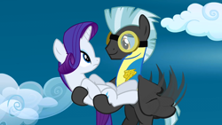 Size: 1280x720 | Tagged: safe, imported from derpibooru, screencap, rarity, thunderlane, pegasus, pony, unicorn, wonderbolts academy, bridal carry, carrying, clothes, duo, female, flying, goggles, holding a pony, male, mare, shipping fuel, stallion, uniform, wing hole, wonderbolt trainee uniform