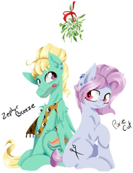 Size: 832x1077 | Tagged: safe, artist:alazak, edit, idw, imported from derpibooru, pixie cut (g4), pixie cut (idw), zephyr breeze, earth pony, pegasus, spoiler:comic74, cheek kiss, christmas, happy hearth's warming, hearth's warming, holiday, kiss mark, kiss on the cheek, kissing, lipstick, looking at each other, lyrics in the description, merry christmas, mistletoe, pixiebreeze, smiling, winter wonderland, youtube link, youtube link in the description, zephyrcut