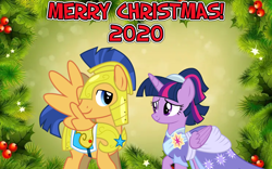 Size: 2064x1289 | Tagged: safe, anonymous artist, imported from derpibooru, flash sentry, twilight sparkle, alicorn, pony, the last problem, armor, christmas, clothes, coronation dress, dress, female, flashlight, happy hearth's warming, have yourself a merry little christmas, hearth's warming, holiday, hope, looking at each other, lyrics in the description, male, merry christmas, royal guard armor, second coronation dress, shipping, smiling, straight, twilight sparkle (alicorn), youtube link, youtube link in the description