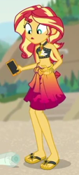 Size: 200x444 | Tagged: safe, imported from derpibooru, screencap, sunset shimmer, equestria girls, equestria girls series, x marks the spot, :o, bare shoulders, beach shorts swimsuit, belly button, bikini, bikini top, clothes, cropped, feet, geode of empathy, huh, jewelry, looking down, magical geodes, message in a bottle, midriff, open mouth, phone, sandals, sarong, sleeveless, solo, sunset shimmer's beach shorts swimsuit, swimsuit, toes