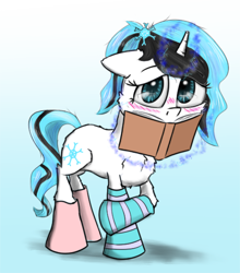 Size: 1250x1421 | Tagged: safe, artist:chopsticks, imported from derpibooru, oc, oc only, oc:arctic mist, pony, unicorn, derpibooru community collaboration, book, cheek fluff, chest fluff, clothes, female, filly, floppy ears, levitation, looking at you, magic, ponytail, socks, solo, striped socks, teenager, telekinesis