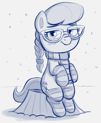 Size: 900x1086 | Tagged: safe, artist:heretichesh, imported from derpibooru, silver spoon, earth pony, pony, clothes, female, filly, glasses, scarf, sitting, snow, snowfall, socks, solo, striped socks, tree stump