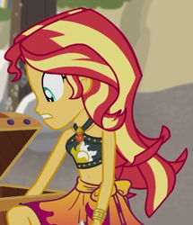 Size: 576x671 | Tagged: safe, imported from derpibooru, screencap, sunset shimmer, equestria girls, equestria girls series, x marks the spot, belly button, clothes, cropped, geode of empathy, magical geodes, sarong, sleeveless, solo, swimsuit