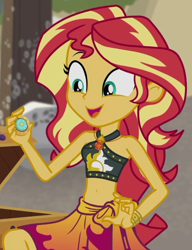 Size: 524x681 | Tagged: safe, imported from derpibooru, screencap, sunset shimmer, equestria girls, equestria girls series, x marks the spot, bare shoulders, belly button, bikini, bikini top, bracelet, clothes, cropped, cute, decoder ring, geode of empathy, jewelry, magical geodes, midriff, sarong, shimmerbetes, sleeveless, smiling, swimsuit, treasure chest