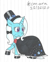 Size: 931x1098 | Tagged: safe, artist:cmara, imported from derpibooru, trixie, pony, unicorn, bowtie, cape, clothes, dignified wear, dress, female, gala dress, hat, hoof shoes, mare, raised hoof, simple background, solo, top hat, traditional art, white background