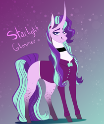 Size: 1679x2000 | Tagged: safe, artist:inisealga, imported from derpibooru, starlight glimmer, pony, unicorn, choker, curved horn, female, gradient background, headmare starlight, horn, looking at you, mare, older, older starlight glimmer, redesign, simple background, smiling, smiling at you, solo