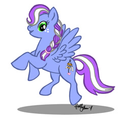 Size: 779x730 | Tagged: safe, artist:hollyann, imported from derpibooru, oc, oc only, pegasus, pony, braid, eyelashes, female, flying, freckles, mare, pegasus oc, signature, solo, wings