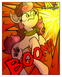 Size: 3000x3750 | Tagged: safe, artist:mrcapriccio, imported from derpibooru, oc, oc only, oc:dolce spiaro, pony, unicorn, abstract background, action pose, comic, explosion, female, high res, looking back, scared, solo, spy, surprised, worried