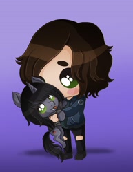 Size: 2550x3300 | Tagged: safe, artist:itsgisellepr, imported from derpibooru, human, pony, unicorn, chibi, clothes, commission, disguise, disguised siren, duo, duo male, fangs, gradient background, holding a pony, horn, jacket, jeans, kellin quinn, light skin, male, pants, ponified, ripped jeans, ripped pants, shirt, sleeping with sirens, t-shirt, tongue out, torn clothes