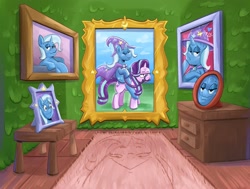 Size: 2153x1629 | Tagged: safe, artist:another_pony, imported from derpibooru, starlight glimmer, trixie, pony, unicorn, bit, bridle, bust, dresser, female, mare, narcissism, picture frame, ponies riding ponies, portrait, pranks a lot, reins, riding, rug, spongebob squarepants, table, tack, trixie riding starlight glimmer