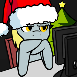 Size: 600x600 | Tagged: safe, artist:shinmera, edit, imported from derpibooru, derpy hooves, pegasus, pony, christmas, christmas tree, computer, female, hat, holiday, mare, reaction image, santa hat, solo, tree