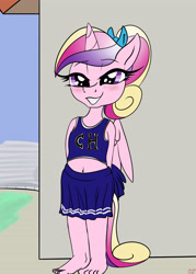 Size: 3300x4600 | Tagged: safe, artist:littlenaughtypony, imported from derpibooru, princess cadance, alicorn, anthro, plantigrade anthro, barefoot, belly button, blushing, cheerleader, clothes, feet, skirt, smiling, sports bra, teen princess cadance, teenager