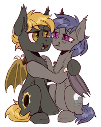 Size: 1584x1997 | Tagged: safe, artist:kotya, imported from derpibooru, oc, oc:night skies, oc:solar flux, bat pony, derpibooru community collaboration, 2021 community collab, bat pony oc, bat wings, female, fluffy, full body, hug, looking at each other, male, simple background, smiling, transparent background, wings