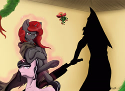 Size: 2431x1782 | Tagged: safe, artist:mixdaponies, imported from derpibooru, oc, oc:curse word, oc:magpie, oc:thelostnarrator, christmas, holiday, mistleholly, pyramid head, shadow, silent hill