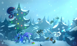 Size: 3400x2041 | Tagged: safe, artist:gottinderwolf, imported from derpibooru, oc, pegasus, pony, unicorn, bendy, bendy and the ink machine, christmas, christmas tree, crossover, cuphead, cuphead (character), holiday, pegasus oc, snow, tree, wings