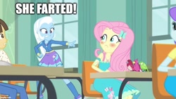 Size: 972x547 | Tagged: safe, edit, edited screencap, imported from derpibooru, screencap, aqua blossom, fluttershy, trixie, wiz kid, bird, a little birdie told me, equestria girls, equestria girls series, blushing, classroom, geode of fauna, impact font, implied farting, magical geodes