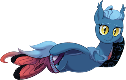 Size: 1730x1100 | Tagged: safe, artist:crystalightrocket, imported from derpibooru, oc, oc only, oc:nightforce, bat pony, pony, derpibooru community collaboration, 2021 community collab, bat pony oc, bat wings, blackwork, cargosox, clothes, cute, cute little fangs, draw me like one of your french girls, ear tufts, fangs, female, lidded eyes, lying, mare, ponytail, raised eyebrow, shoes, simple background, slit eyes, slit pupils, smiling, socks, solo, tattoo, transparent background, wing hooks, wings, yellow eyes