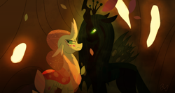 Size: 1280x686 | Tagged: safe, artist:heavysplatter, imported from derpibooru, ocellus, queen chrysalis, changedling, changeling, changeling queen, changedling queen, changeling hive, confrontation, duo, female, older, older ocellus, queen ocellus, teary eyes