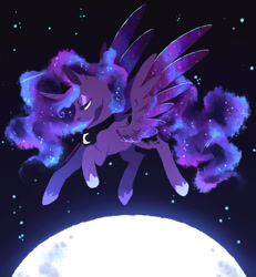 Size: 1024x1110 | Tagged: safe, artist:polkadot-creeper, imported from derpibooru, princess luna, alicorn, pony, ethereal mane, ethereal tail, female, lidded eyes, mare, moon, signature, solo, spread wings, stars, wings