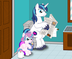 Size: 2591x2118 | Tagged: safe, anonymous artist, imported from derpibooru, princess flurry heart, shining armor, alicorn, pony, unicorn, bathroom, book, but why, father and child, father and daughter, female, male, newspaper, potty, potty training, reading, remake, toilet, toilet paper