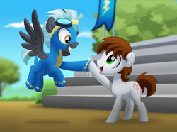 Size: 800x594 | Tagged: safe, artist:jhayarr23, imported from derpibooru, thunderlane, oc, earth pony, pegasus, pony, clothes, hoofbump, male, stallion, uniform, wonderbolts uniform