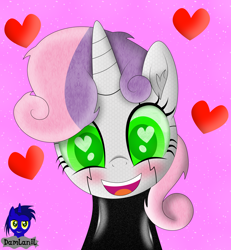 Size: 3840x4154 | Tagged: safe, alternate version, artist:damlanil, imported from derpibooru, sweetie belle, pony, robot, robot pony, unicorn, blushing, catsuit, clothes, cute, diasweetes, female, filly, floating heart, glowing eyes, happy, heart, heart eyes, horn, latex, latex suit, looking at you, mare, open mouth, pink background, roboticization, rubber, shine, shiny, simple background, smiling, spy, suit, sweetie bot, vector, weapons-grade cute, wingding eyes