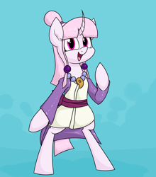 Size: 1688x1919 | Tagged: safe, artist:moonatik, imported from derpibooru, oc, oc:sakuragi-san, pony, semi-anthro, unicorn, abstract background, ace attorney, alternate hairstyle, clothes, cosplay, costume, curved horn, female, horn, jewelry, kimono (clothing), mare, maya fey, necklace, pearl, pearl necklace, raised hoof, secret santa