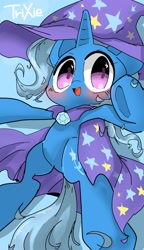 Size: 1080x1880 | Tagged: safe, artist:pnpn_721, imported from derpibooru, trixie, pony, unicorn, blue background, blushing, cute, diatrixes, female, mare, open mouth, simple background, solo