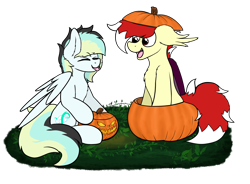 Size: 2888x2122 | Tagged: safe, artist:aaathebap, imported from derpibooru, oc, oc only, oc:aaaaaaaaaaa, oc:swifty breeze, bat pony, pegasus, pony, bat pony oc, bat wings, duo, duo male and female, feathered wings, female, grass, halloween, holiday, jack-o-lantern, male, mare, pegasus oc, pegasus wings, pumpkin, silly, simple background, stallion, sticking tongue out, straight, tongue out, transparent background, wings