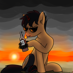 Size: 1000x1000 | Tagged: safe, alternate version, artist:skydreams, imported from derpibooru, oc, oc only, oc:charger, pony, unicorn, fallout equestria, alcohol, amputee, cigarette, claws, cloud, commission, fallout equestria: radio static, fire, male, molotov cocktail, prosthetic leg, prosthetic limb, prosthetics, stallion, sunset, vodka