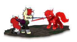 Size: 3861x2137 | Tagged: safe, artist:aaathebap, imported from derpibooru, oc, oc only, oc:aaaaaaaaaaa, oc:pumpkin spice, bat pony, pony, armor, dark souls, dark souls 3, duel, duo, fight, grass, simple background, sword, sword fight, transparent background, weapon