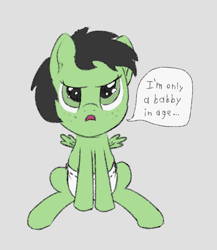 Size: 975x1124 | Tagged: safe, artist:cleverround, imported from derpibooru, oc, oc only, oc:filly anon, pegasus, angry, baby, cute, dialogue, diaper, ear fluff, feathered wings, female, filly, freckles, frown, gray background, looking at you, open mouth, simple background, sitting, sketch, small wings, spread wings, wings