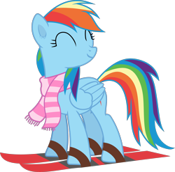 Size: 6314x6248 | Tagged: safe, artist:frownfactory, imported from derpibooru, rainbow dash, pegasus, pony, may the best pet win, ^^, clothes, ear fluff, eyes closed, female, mare, scarf, simple background, skiis, skis, smiling, solo, transparent background, vector, wings