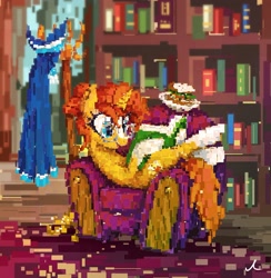 Size: 2250x2301 | Tagged: safe, artist:docwario, imported from derpibooru, sunburst, pony, unicorn, chair, female, mare, pointillism, reading, rule 63, solo, sunstone (g4 r63 sunburst)