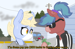 Size: 1576x1020 | Tagged: safe, artist:nootaz, imported from derpibooru, oc, oc only, oc:blitz razorwind, oc:nootaz, pony, dollar, duo, money, ponfied meme, ponified, sunglasses, trailer park boys, vulgar