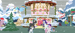 Size: 2500x1102 | Tagged: safe, artist:rapmlpandbttffan23, imported from derpibooru, rarity, rumble, sweetie belle, thunderlane, female, male, ponyville town hall, rarilane, rumbelle, shipping, snow, snowfall, straight