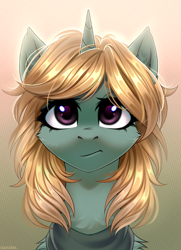 Size: 2900x4000 | Tagged: safe, artist:hakaina, imported from derpibooru, oc, oc only, oc:easy peasy, pony, unicorn, fallout equestria, bust, commission, female, foe adventures, portrait, simple background, synth, ych result