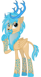 Size: 2296x4325 | Tagged: safe, artist:lightning stripe, derpibooru exclusive, imported from derpibooru, oc, oc only, oc:ori wisp, deer, deer pony, eikerren, original species, peryton, derpibooru community collaboration, 2021 community collab, antlers, beard, blue mane, body markings, cloven hooves, commission, cutie mark, facial hair, flourishes, leonine tail, male, neck fluff, one hoof raised, raised hoof, show accurate, simple background, smiling, solo, stallion, transparent background, two toned mane, vector, wings