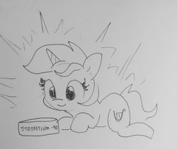 Size: 1367x1152 | Tagged: safe, artist:tjpones, imported from derpibooru, lyra heartstrings, pony, unicorn, cute, female, grayscale, isotope, l.u.l.s., looking at something, lying down, lyrabetes, mare, monochrome, periodic table, prone, sketch, solo, strontium, this will end in radiation poisoning, traditional art