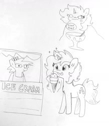 Size: 1417x1633 | Tagged: safe, artist:tjpones, imported from derpibooru, oc, oc only, oc:fizzy pop, oc:tjpones, earth pony, pony, unicorn, fat, female, food, grayscale, ice cream, male, mare, monochrome, pencil drawing, sketch, stallion, tongue out, traditional art