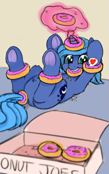 Size: 479x770 | Tagged: safe, artist:firenhooves, imported from derpibooru, princess luna, alicorn, pony, cute, donut, eating, featureless crotch, female, filly, food, frog (hoof), hooves, lunabetes, lying down, magic, mouth hold, on back, palindrome get, silly, silly pony, smiling, solo, telekinesis, underhoof, woona, younger